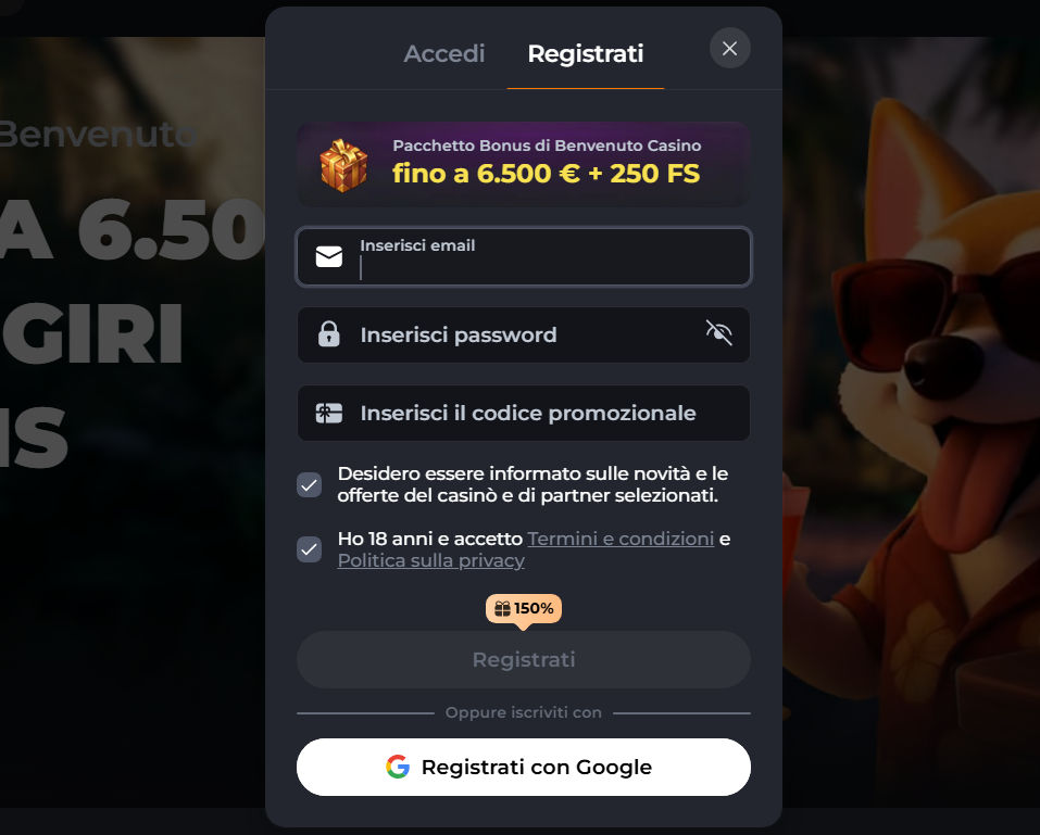 Modulo di registrazione Corgibet con campi email, password, codice promozionale, consensi e registrazione con Google