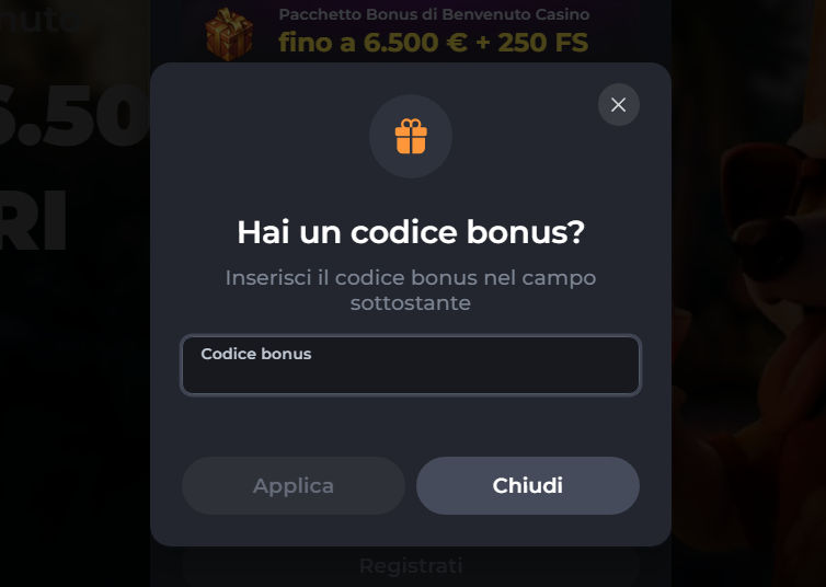 Finestra Corgibet per inserire e applicare un codice bonus durante la registrazione